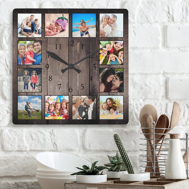 Modern Farmhouse Family Rustic Photo Collage Square Wall Clock (Creator Uploaded)