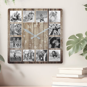 Modern Farmhouse Family Rustic Photo Collage Square Wall Clock