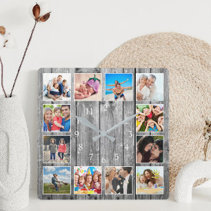 Modern Farmhouse Family Rustic Photo Collage Square Wall Clock
