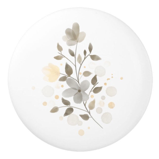 Modern Farmhouse Flowers Beige and Sage Green  Ceramic Knob (Front)
