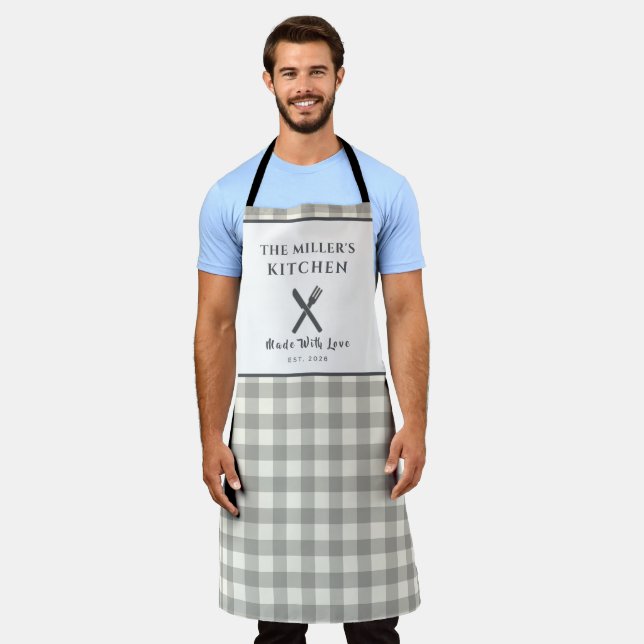 Modern Farmhouse Grey Gingham Personalised Apron (Worn)