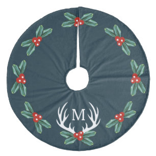 Modern Farmhouse Holiday Deer Antlers Holly Berry Fleece Tree Skirt