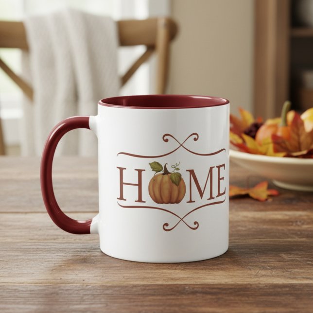 Modern Farmhouse "Home" Cosy Autumn Mug (HOME rustic coffee mug with a pumpkin for the O in HOME.)