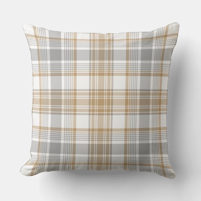 Modern Farmhouse Light Tartan Plaid Grey Orange Cushion (Front)