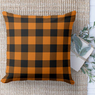 Modern Farmhouse Orange & Black Buffalo Plaid  Cushion