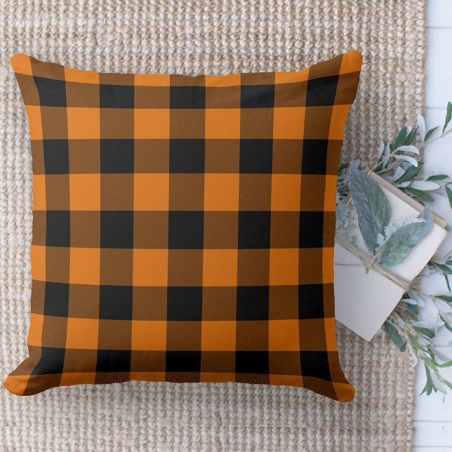 Modern Farmhouse Orange & Black Buffalo Plaid  Cushion (Modern farmhouse throw pillow orange and black buffalo plaid couch pillow )