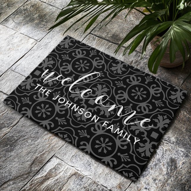 Modern Farmhouse Pattern Family Welcome Black Doormat (Custom Welcome Mat)