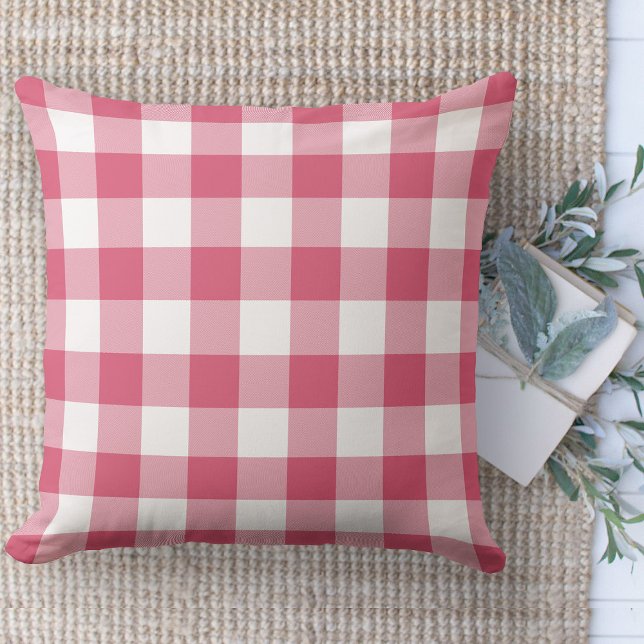 Modern Farmhouse Pink & White Buffalo Plaid Couch Cushion (Modern farmhouse throw pillow pink and white buffalo plaid couch pillow )