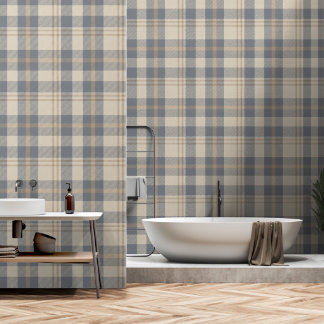 Modern Farmhouse Plaid in Cream and Slate Blue Wallpaper