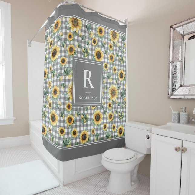 Modern Farmhouse Sunflower Monogram Gingham Shower Curtain (In Situ)