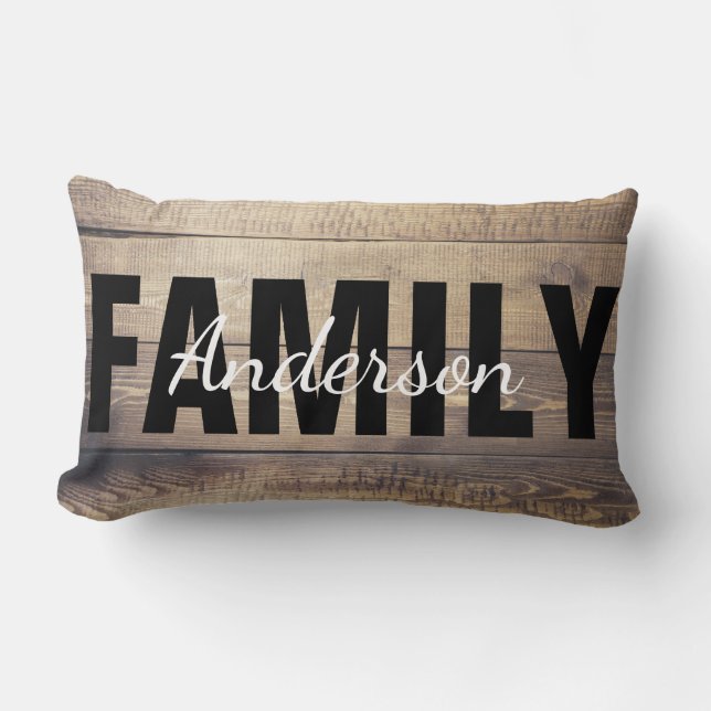 Modern Farmhouse Wood Rustic Family Name Lumbar Cushion (Front)