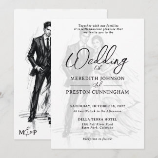 Modern Fashion Charcoal Sketch Couple Wedding Invitation