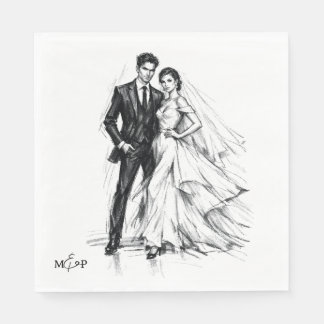 Modern Fashion Charcoal Sketch Couple Wedding Napkin