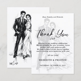 Modern Fashion Charcoal Sketch Couple Wedding  Thank You Card