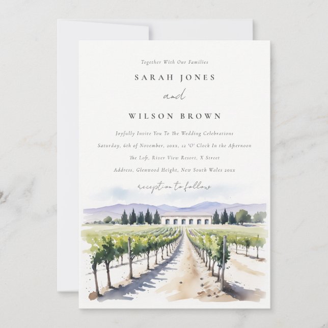 Modern Fashion Watercolor Vineyard Landscape Weddi Invitation (Front)