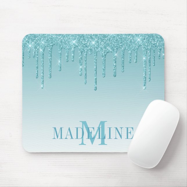 Modern Fashionable Aqua Glitter Monogram Mouse Pad (With Mouse)