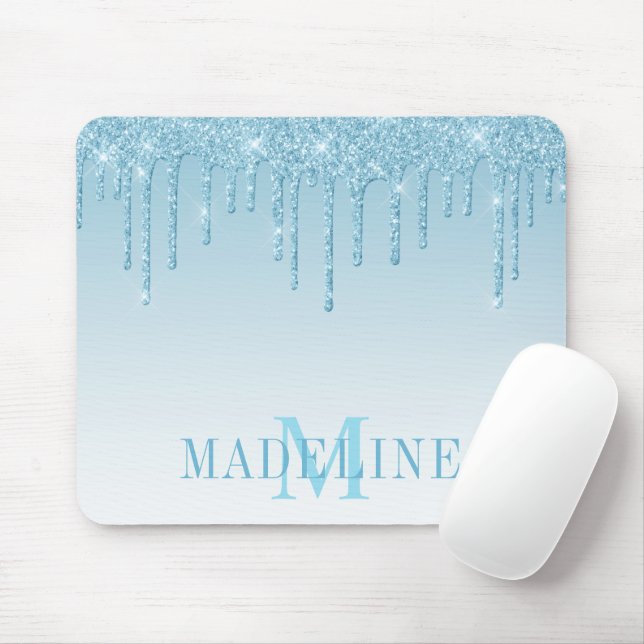 Modern Fashionable Light Blue Glitter Monogram Mouse Pad (With Mouse)