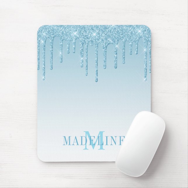 Modern Fashionable Light Blue Monogram Glitter Mouse Pad (With Mouse)