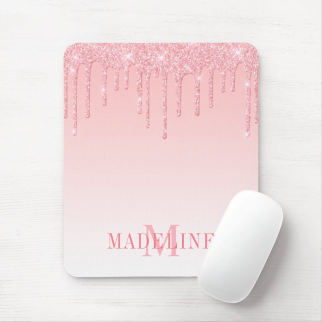 Modern Fashionable Pink Blush Monogram Glitter Mouse Pad (With Mouse)