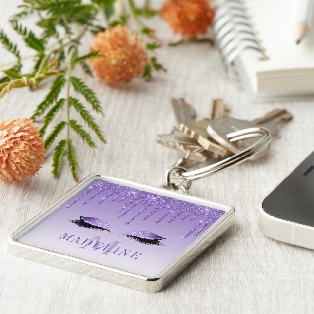 Modern Fashionable Purple Monogram Glitter Lashes Key Ring (Side)