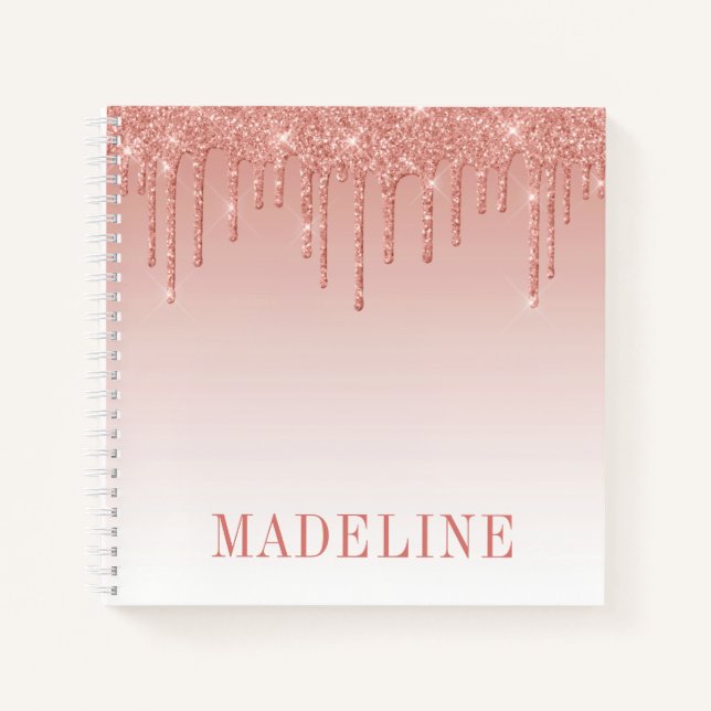 Modern Fashionable Trendy Rose Gold Glitter Drip Notebook (Front)