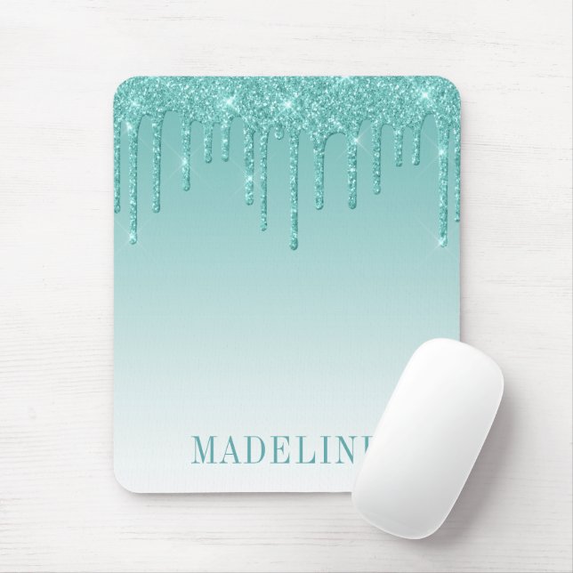 Modern Fashionable Trendy Teal Glitter Drip Mouse Pad (With Mouse)