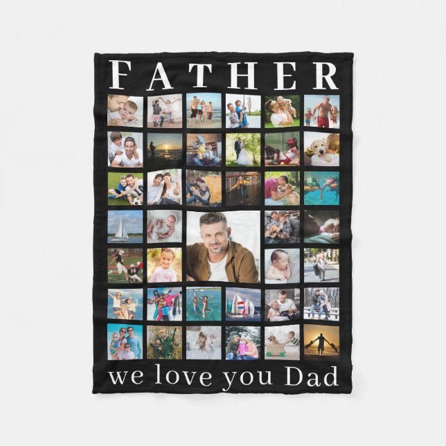 Modern FATHER Photo Collage Your Text Black Fleece Blanket (Front)
