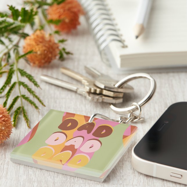 Modern Fathers Day Retro Pattern Dad Message Key Ring (Front Right)