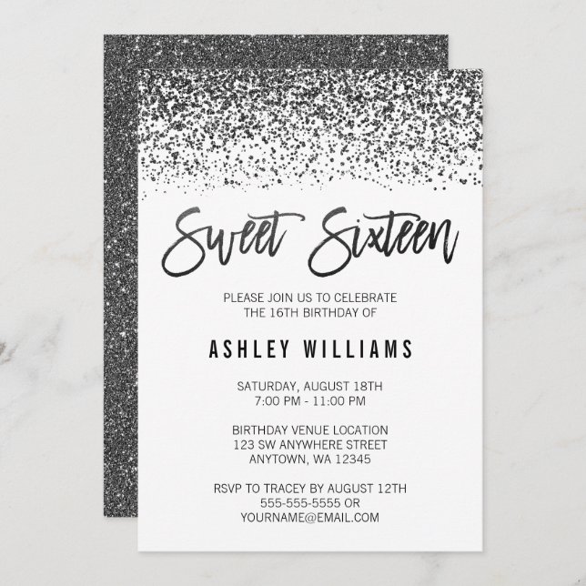 Modern Faux Black Glitter Sweet 16 Birthday Invitation (Front/Back)