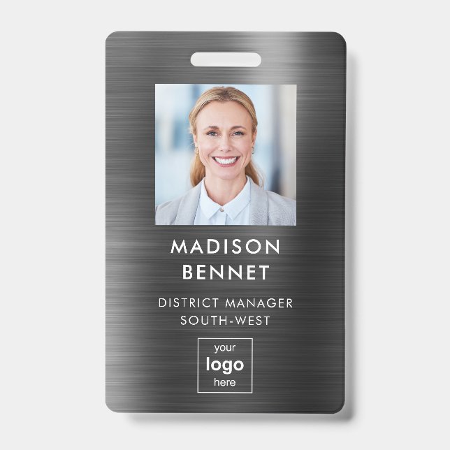 Modern Faux Black Metallic Corporate Photo ID Badge (Front)