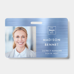 Modern Faux Blue Metallic Corporate Photo ID Badge