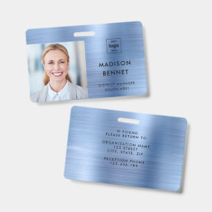 Modern Faux Blue Metallic Corporate Photo ID Badge
