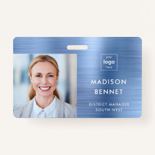 Modern Faux Blue Metallic Corporate Photo ID ID Badge