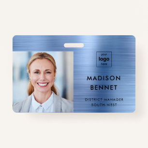 Modern Faux Blue Metallic Corporate Photo ID ID Badge