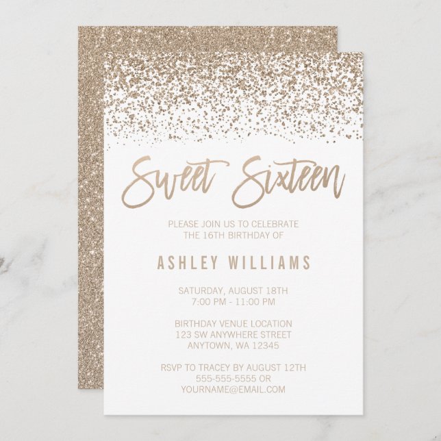 Modern Faux Champagne Glitter Sweet 16 Birthday Invitation (Front/Back)