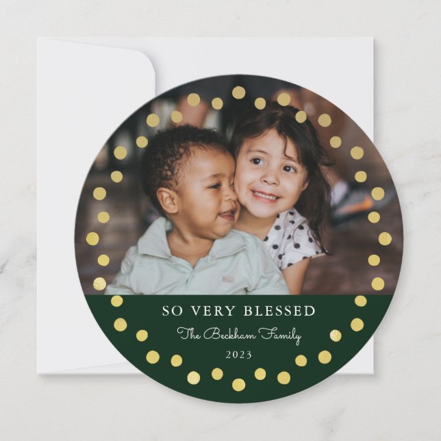 Modern Faux Foil Gold Dots Photo Ornament Green Holiday Card (Front)