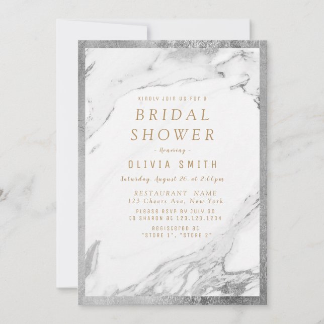 Modern faux gilded silver marble bridal shower invitation (Front)