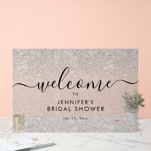 Modern Faux Glitter Bridal Shower Welcome SILVER Acrylic Sign (Wedding)