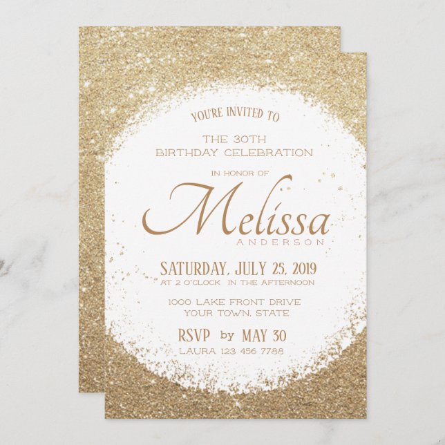 Modern Faux Glitter Gold and White Birthday Invite (Front/Back)