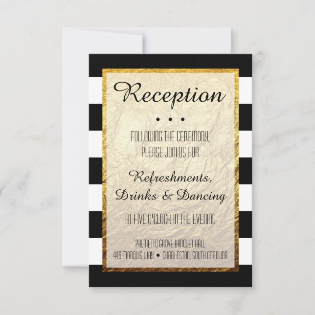 Modern Faux Gold Black White Stripe Reception Note Invitation (Front)