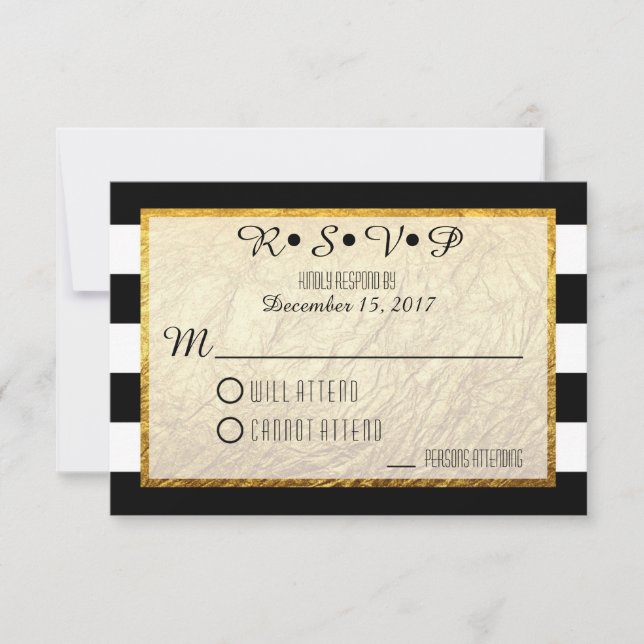 Modern Faux Gold Black White Stripe Wedding RSVP Card (Front)