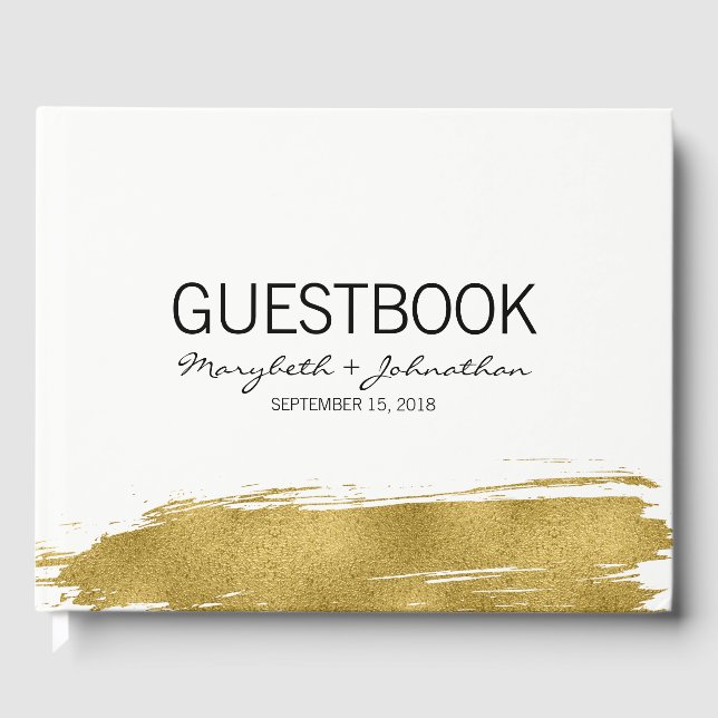 Modern Faux Gold Brushstroke Wedding Guest Book (Front)