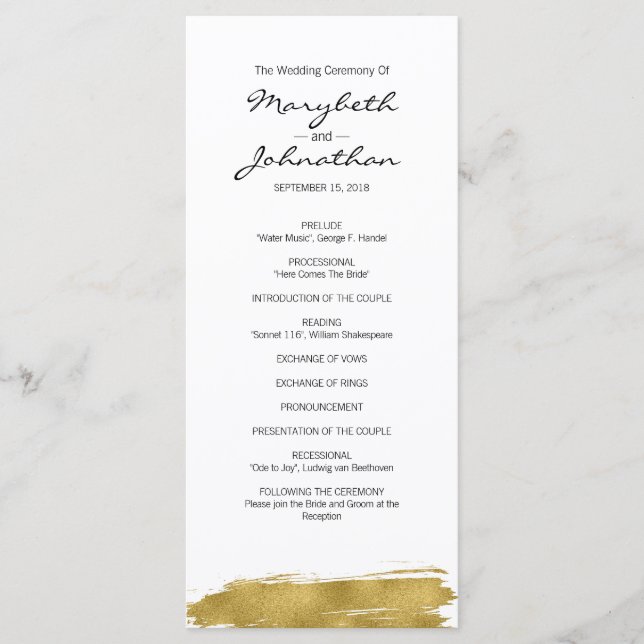 Modern Faux Gold Brushstroke Wedding Program Programme (Front)