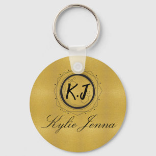 Modern Faux Gold Celestial Monogram & Script Name Key Ring