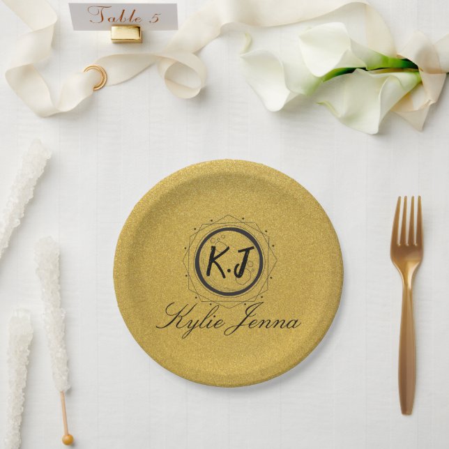 Modern Faux Gold Celestial Monogram & Script Name Paper Plate (Wedding)
