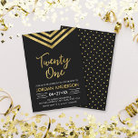 Modern Faux Gold Chevron 21st Birthday Party Invitation<br><div class="desc">Modern 21st Birthday invitation featuring an elegant geometric chevron and the word "Twenty One" in faux gold against a black background. Card includes a matching pattern back side. Check out matching items here http://www.zazzle.com/collections/modern_faux_gold_chevron_celebration_collection-119531050277382712?rf=238364477188679314 Personalise it by replacing the placeholder text to add your information. For more options click the "Customise...</div>