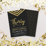 Modern Faux Gold Chevron 30th Birthday Party Invitation<br><div class="desc">Modern 30th Birthday invitation featuring an elegant geometric chevron and the word "Thirty" in faux gold against a black background. Card includes a matching pattern back side. Check out matching items here http://www.zazzle.com/collections/modern_faux_gold_chevron_celebration_collection-119531050277382712?rf=238364477188679314 Personalise it by replacing the placeholder text to add your information. For more options click the "Customise it"...</div>