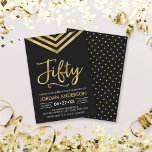 Modern Faux Gold Chevron 50th Birthday Party Invitation<br><div class="desc">Modern 50th Birthday invitation featuring an elegant geometric chevron and the word "Fifty" in faux gold against a black background. Card includes a matching pattern back side. Check out matching items here http://www.zazzle.com/collections/modern_faux_gold_chevron_celebration_collection-119531050277382712?rf=238364477188679314 Personalise it by replacing the placeholder text to add your information. For more options click the "Customise it"...</div>