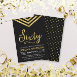 Modern Faux Gold Chevron 60th Birthday Party Invitation<br><div class="desc">Modern 60th Birthday invitation featuring an elegant geometric chevron and the word "Sixty" in faux gold against a black background. Card includes a matching pattern back side. Check out matching items here http://www.zazzle.com/collections/modern_faux_gold_chevron_celebration_collection-119531050277382712?rf=238364477188679314 Personalise it by replacing the placeholder text to add your information. For more options click the "Customise it"...</div>