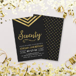 Modern Faux Gold Chevron 70th Birthday Party Invitation<br><div class="desc">Modern 70th Birthday invitation featuring an elegant geometric chevron and the word "Seventy" in faux gold against a black background. Card includes a matching pattern back side. Check out matching items here http://www.zazzle.com/collections/modern_faux_gold_chevron_celebration_collection-119531050277382712?rf=238364477188679314 Personalise it by replacing the placeholder text to add your information. For more options click the "Customise it"...</div>